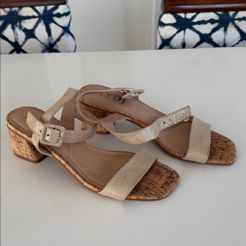 NYDJ Gaiana Metallic Nappa Leather Block Heel, Gold Sandals Women’s